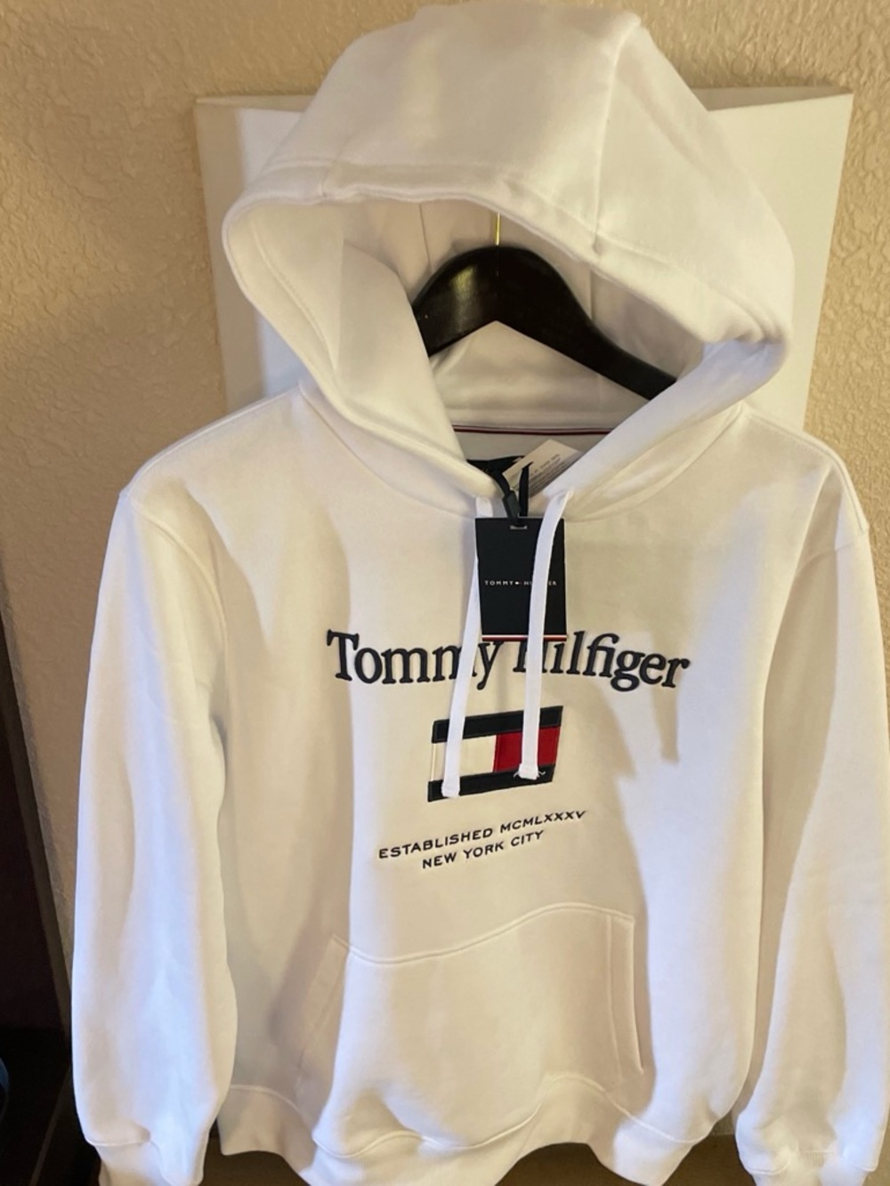 Tommy Hilfiger White Hoodie with Navy and Red Flag Logo
